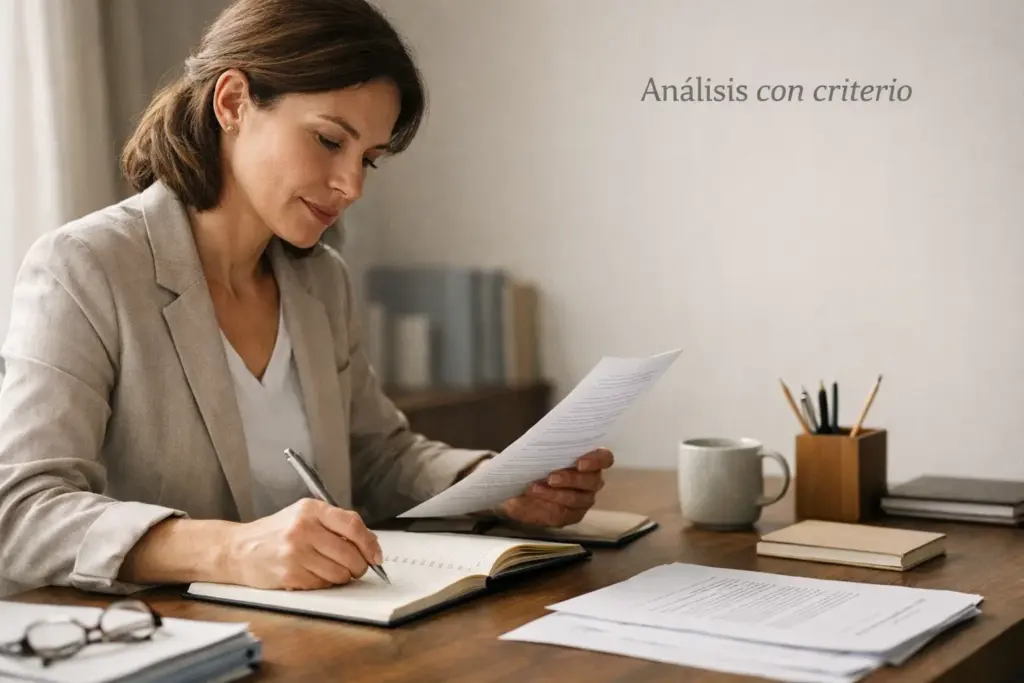 Persona estudiando documentos y tomando notas en un escritorio ordenado