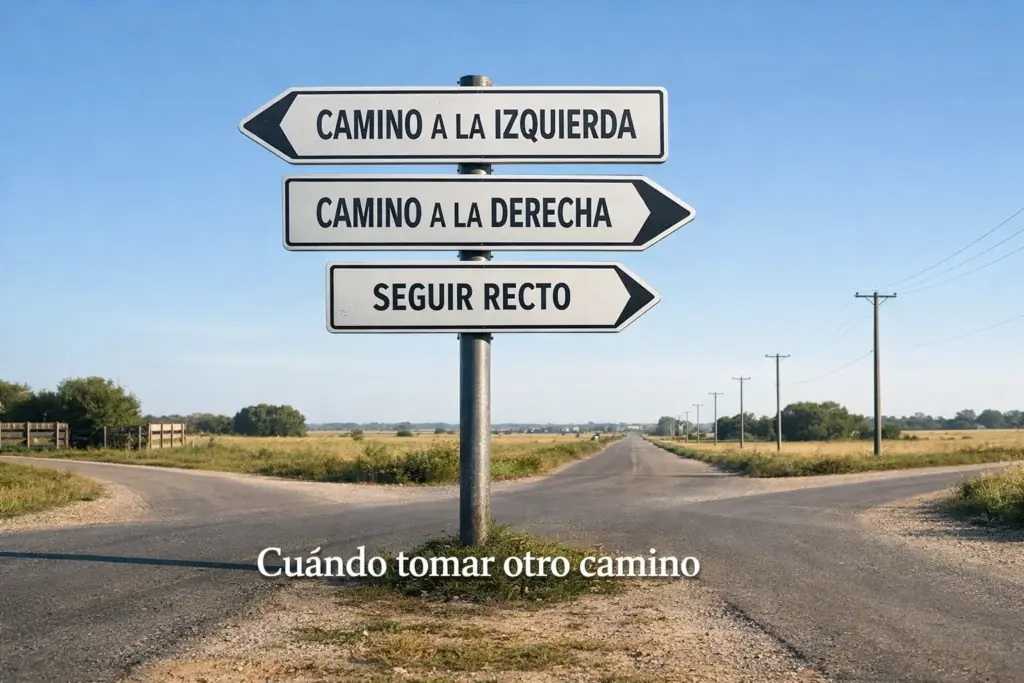 Señal de cruce de caminos o bifurcación representando una decisión importante