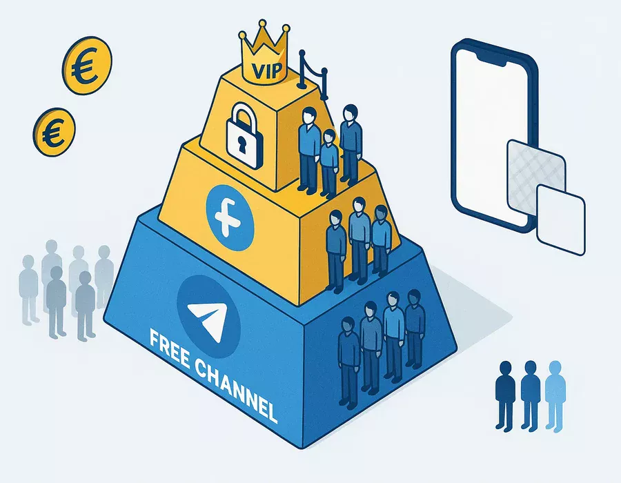 Estructura de tres niveles de canales de Telegram: gratuito, premium y VIP con an&aacute;lisis del backstage