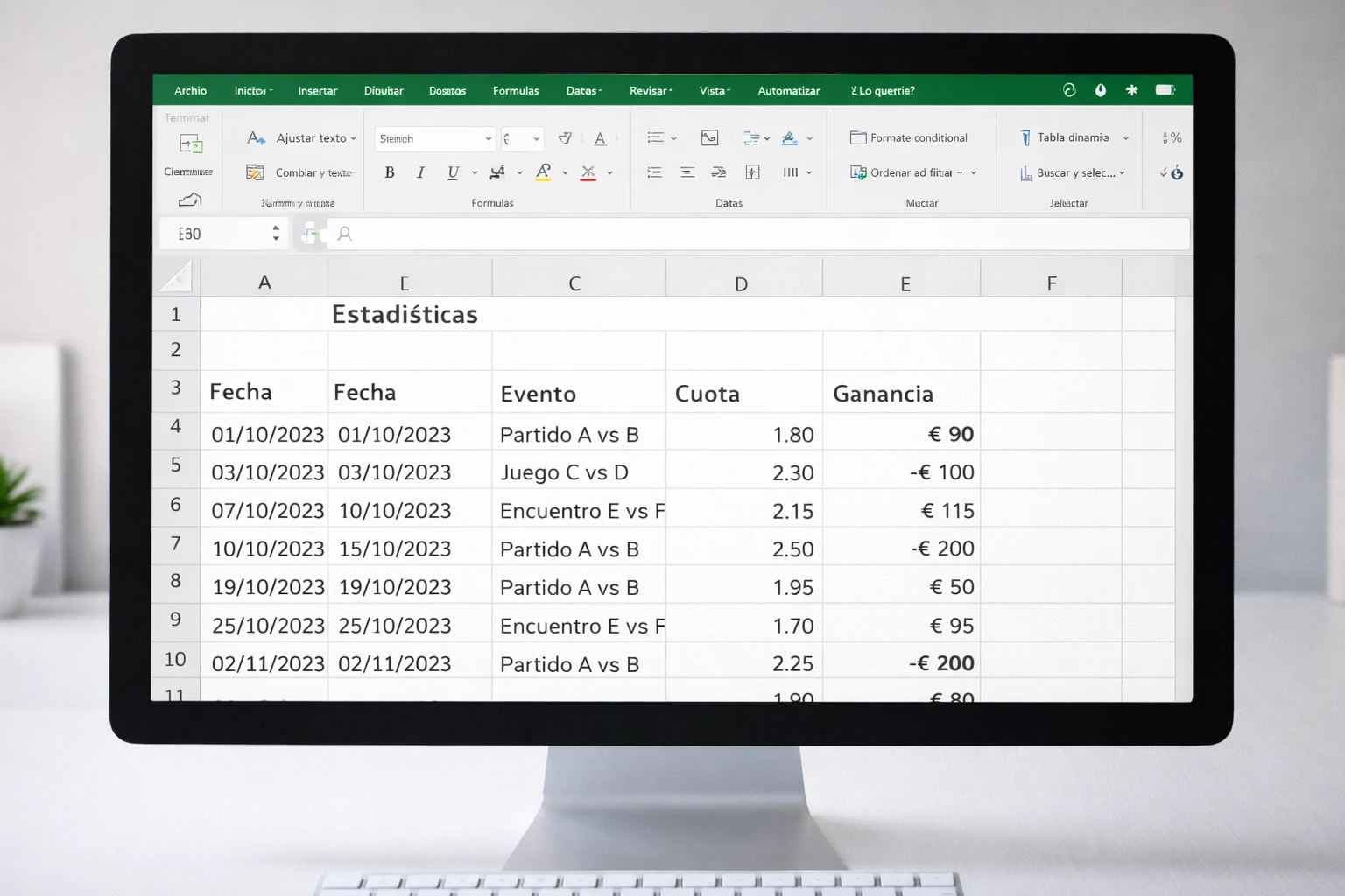 Pantalla de ordenador mostrando una hoja de cálculo con datos organizados en columnas