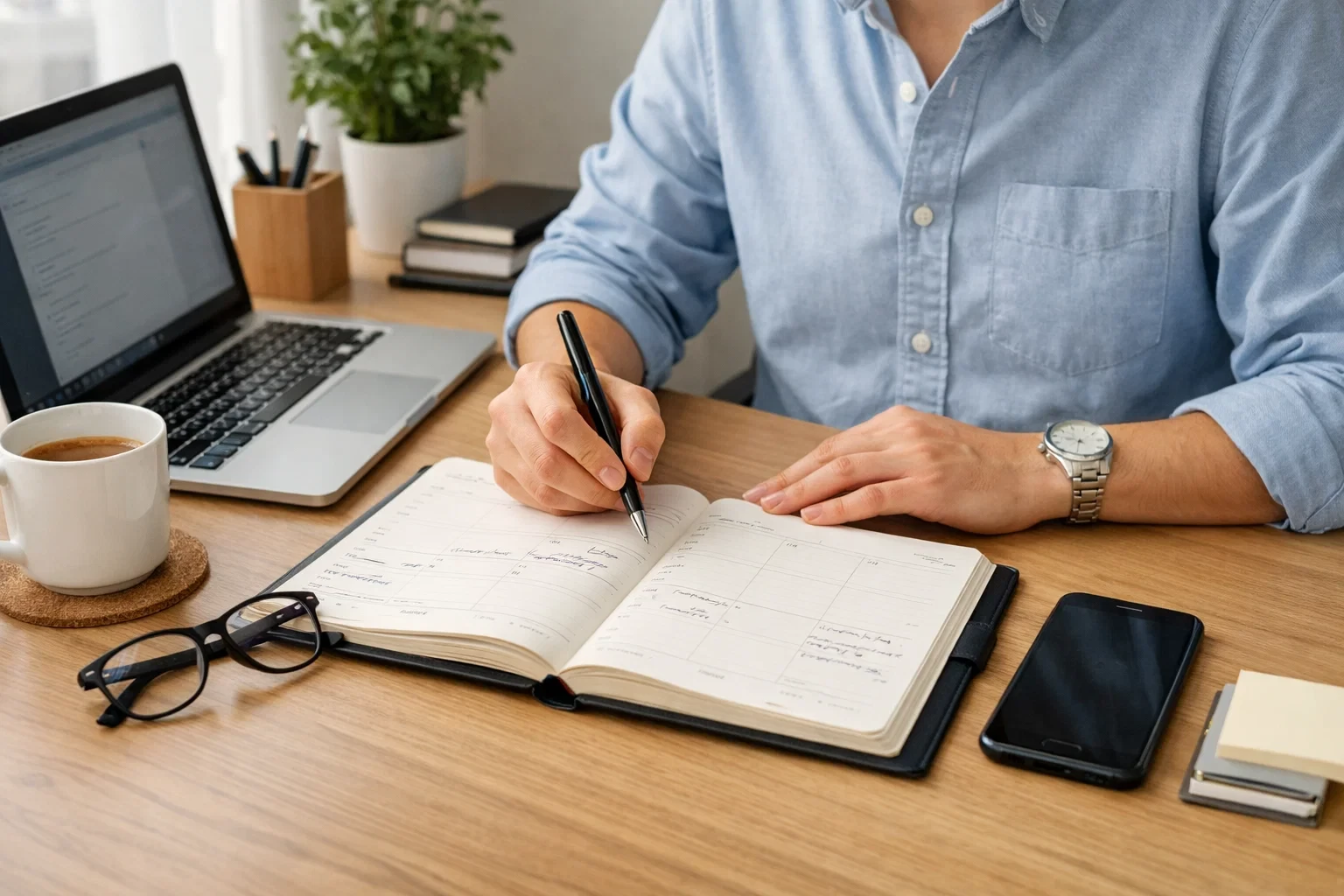 Persona trabajando de forma organizada en un escritorio con agenda y dispositivos