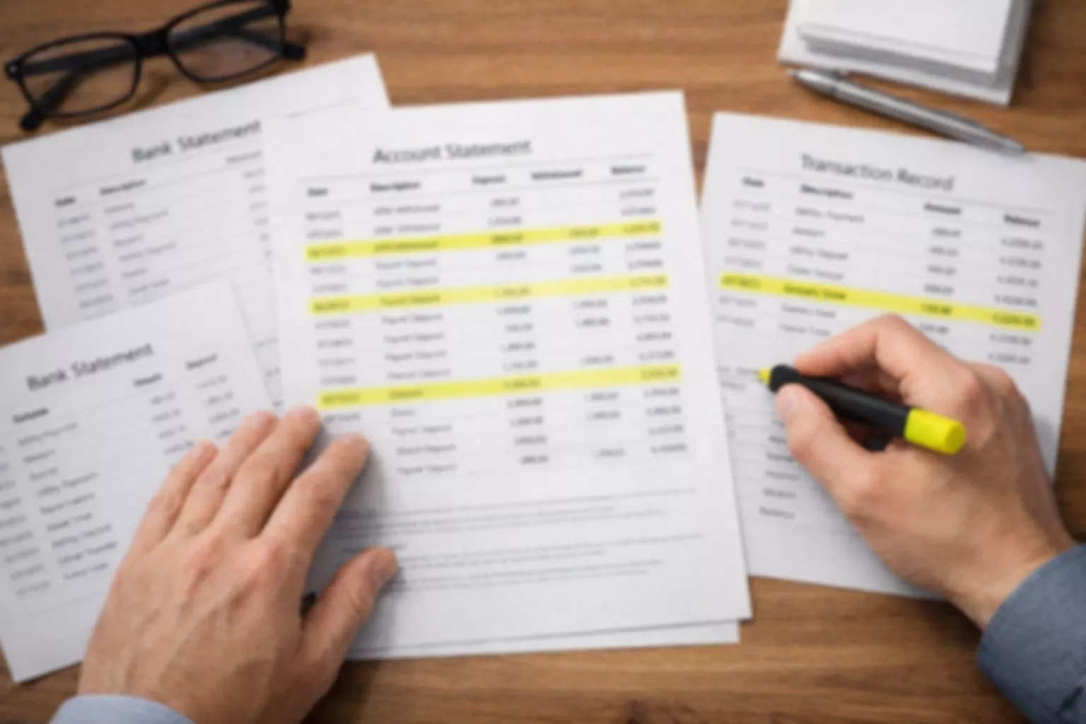 Persona revisando extractos bancarios y documentos de transacciones