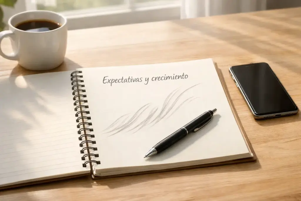 Gráfico de líneas ascendente dibujado a mano en un cuaderno junto a una taza de café