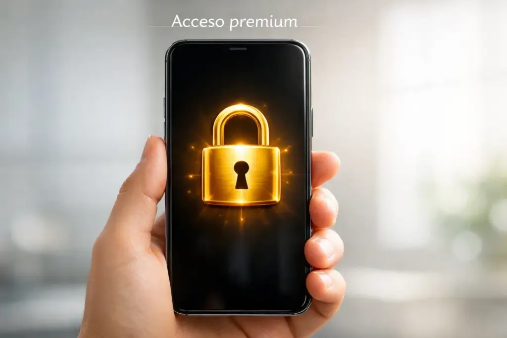 Suscripción premium representada con un candado dorado sobre un smartphone