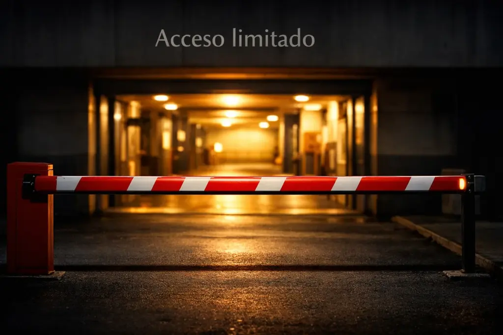 Barrera roja de acceso restringido frente a una entrada iluminada