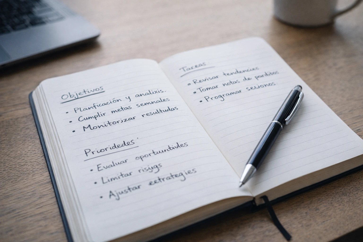 Cuaderno con anotaciones organizadas y un bolígrafo sobre la mesa