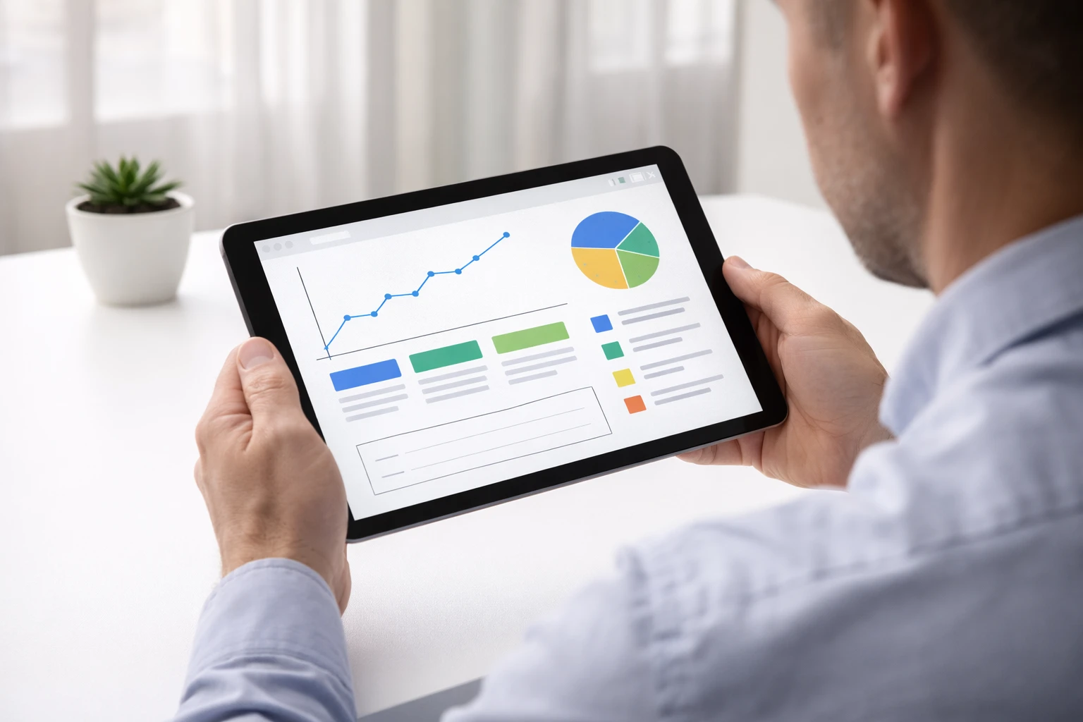 Persona analizando datos en una tablet con gráficos de tendencias