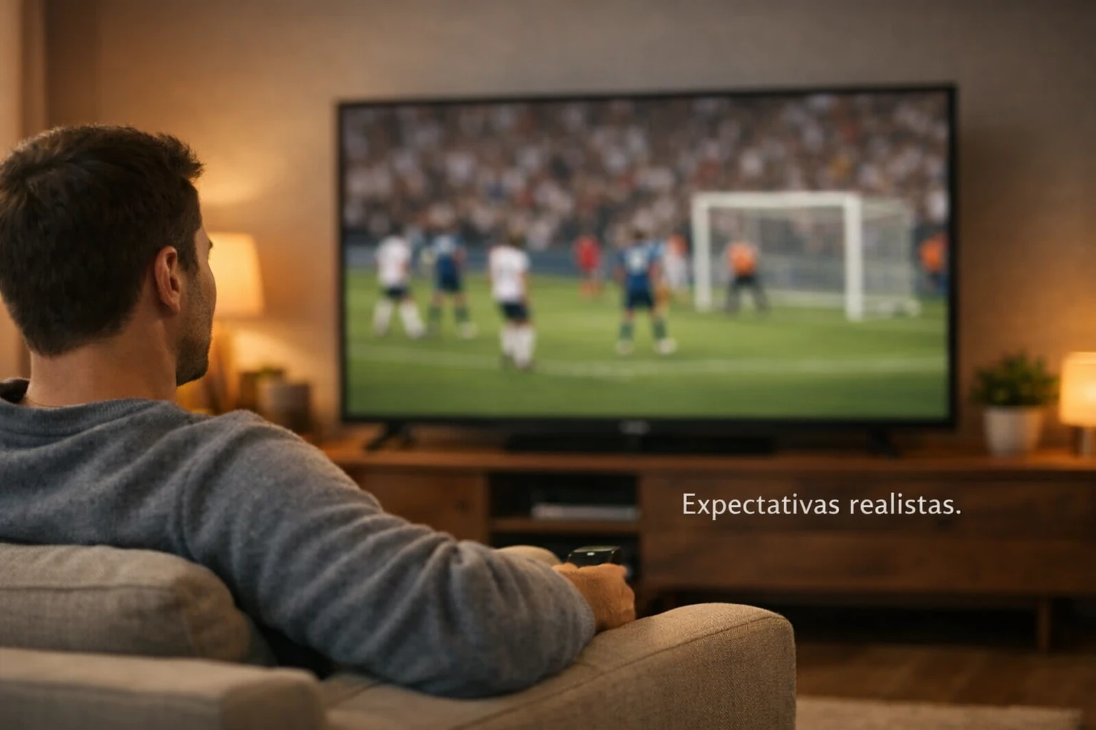 Persona viendo un partido de fútbol en televisión desde un sofá