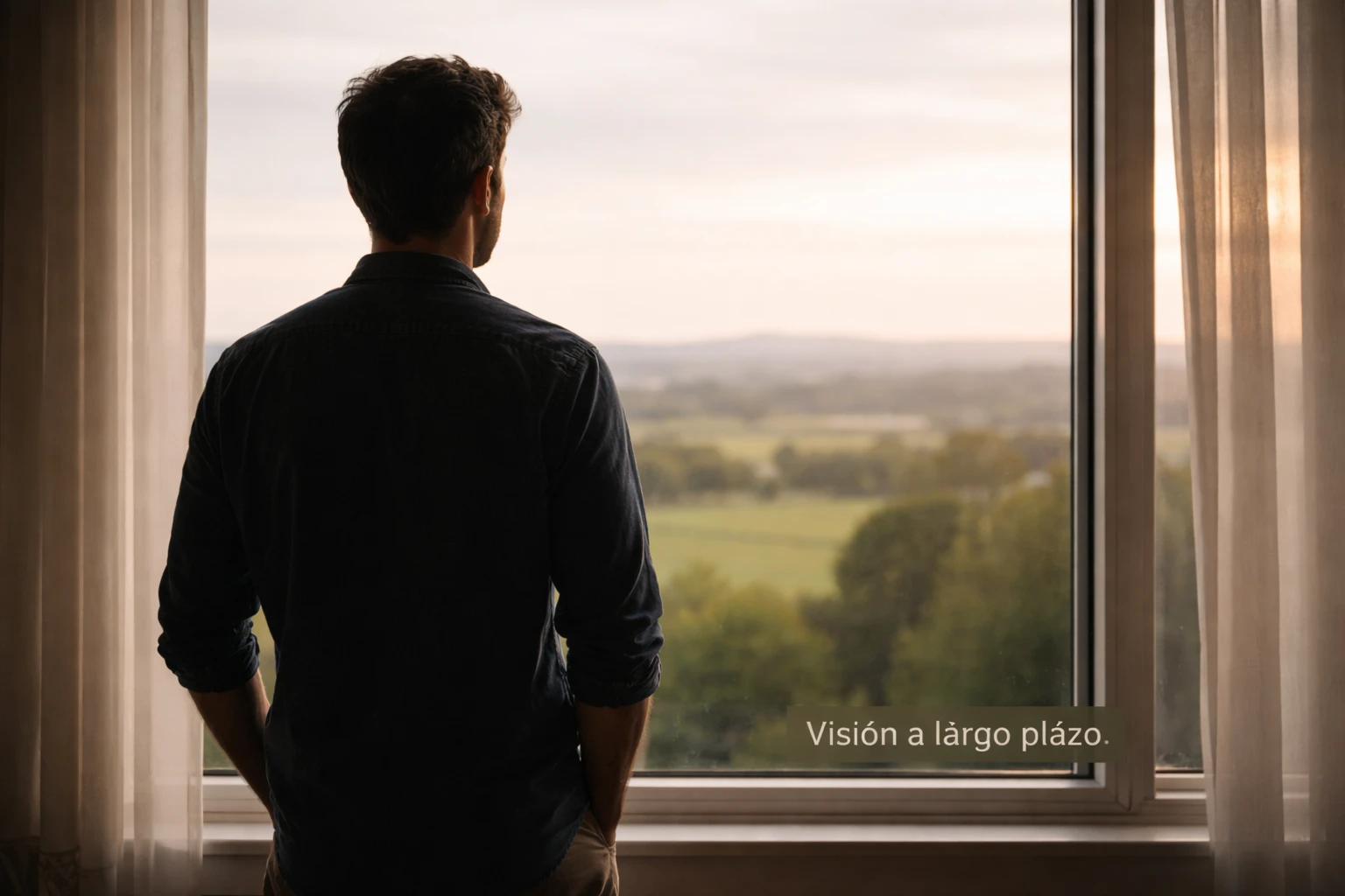 Persona mirando hacia el horizonte desde una ventana simbolizando visión de futuro